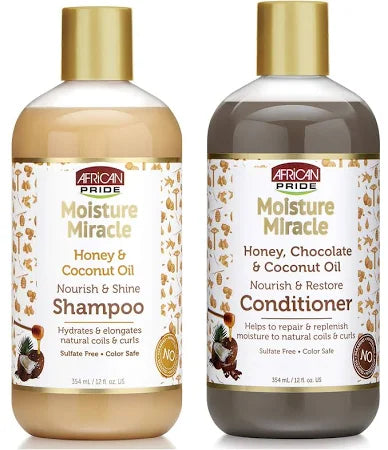 African Pride Moisture Miracle Shampoo en Conditioner, Honing, Chocolate & coconut oil  Set